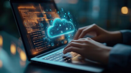 A business professional using a cloud migration tool on a laptop, with a digital cloud icon in the background.