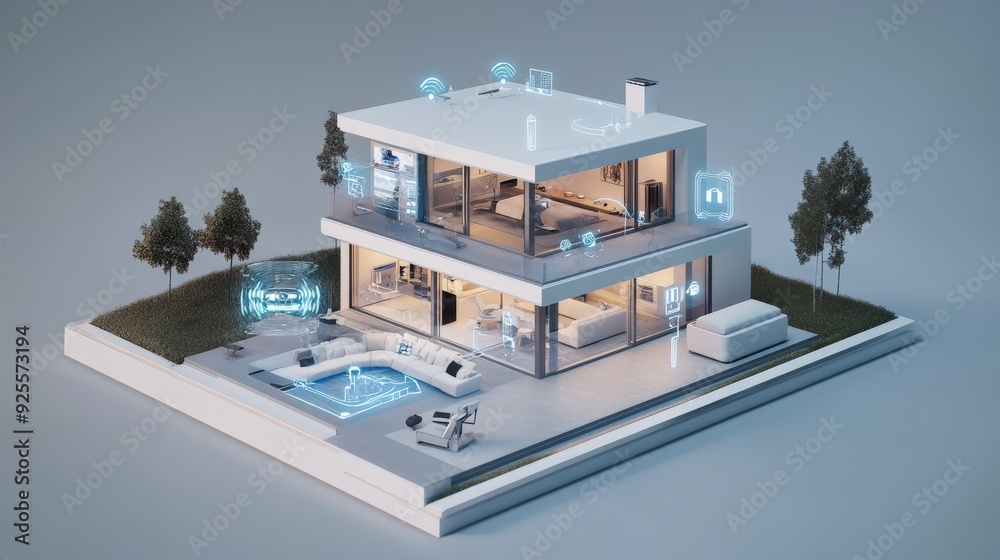 Poster a 3d rendering of an iot-enabled smart home with devices connected to a central hub.