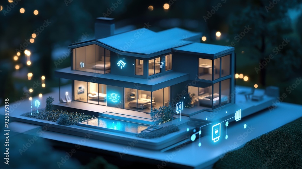 Poster a 3d rendering of an iot-enabled smart home with devices connected to a central hub.