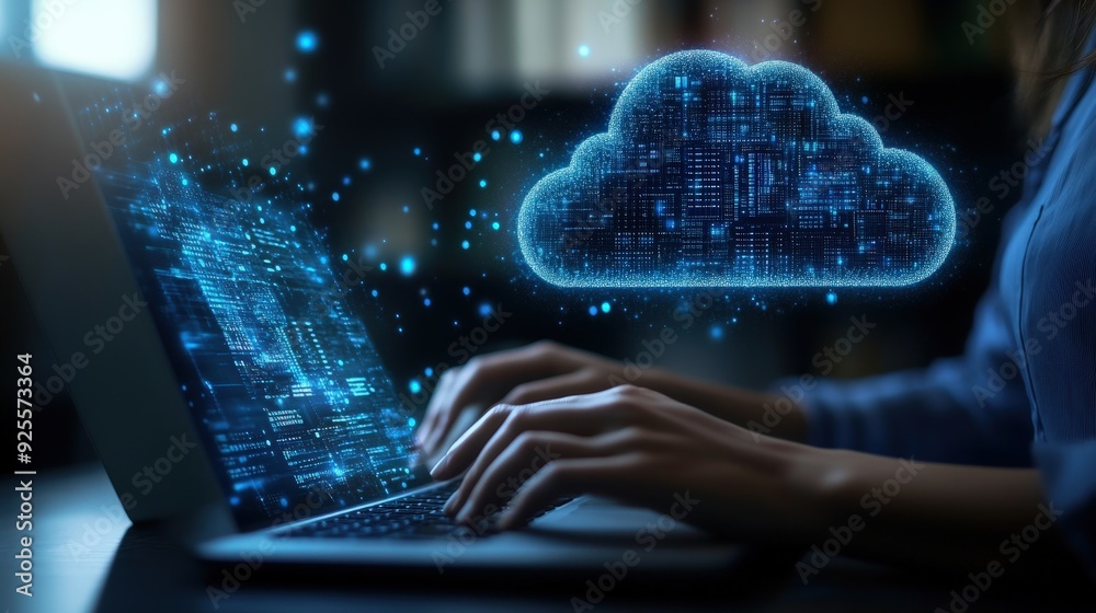 Poster a business professional using a laptop with a cloud computing dashboard, surrounded by digital data 