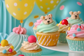Adorable Puppy-Themed Cupcakes, Each With Cute Dog Faces And Playful Decorations, Perfect For A Pet Lover'S Party
