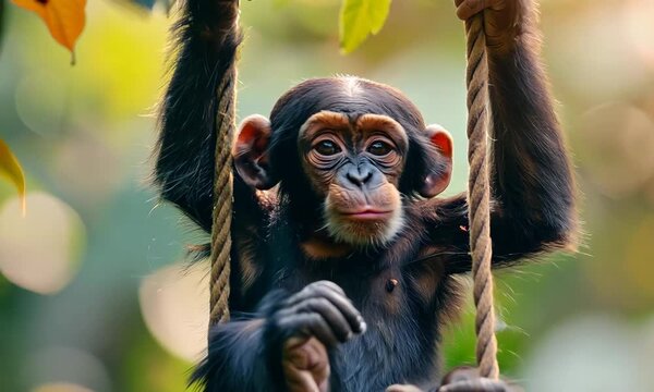 Playful young chimpanzee swings joyfully in a vibrant rainforest at sunset