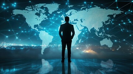A businessman standing in front of a digital world map with network connections, indicating global business reach.