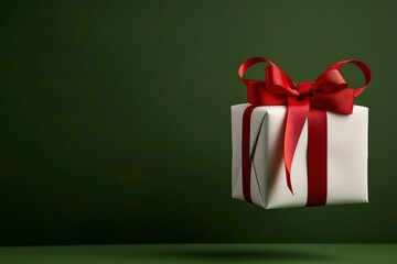 A 3D White Christmas Gift Box With A Red Ribbon, Floating Against A Green Background, Festive And Inviting