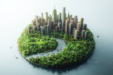 3D rendering of Earth with trees and buildings. The planet is covered in greenery. World Environment Day concept.