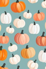A beautiful pattern with pumpkins, in a muted teal background autumn hand drawn illustration