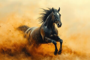 Obraz premium surreal composition of a galloping horse merging with a vibrant abstract equine painting fluid brushstrokes and dynamic motion blur create a mesmerizing fusion of reality and art