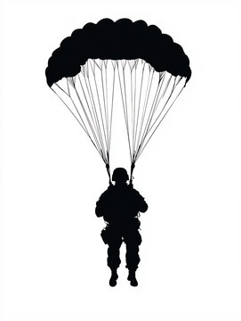 Silhouette Of  Army Paratrooper Gently Descending With A Big Parachute. White Background

