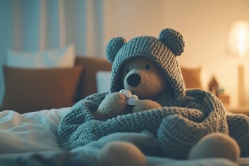 A photograph of a medicine bear with pill on the bed