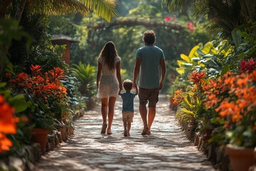 Family stroll through a vibrant garden pathway surrounded by colorful flowers in the early morning sunlight
