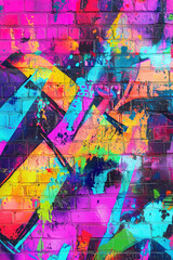 Fototapeta premium Colorful abstract graffiti on a brick wall showcasing vibrant hues and creative spray paint splashes.