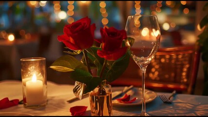Romantic dinner setup with red roses and candlelight in a cozy restaurant