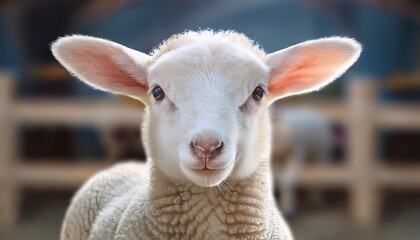 Obraz premium A curious lamb with large ears, standing in a pen and looking directly at the camera. The ba 