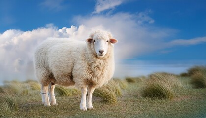 Fototapeta premium A curious lamb with large ears, standing in a pen and looking directly at the camera. The ba 