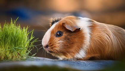 A guinea pig peeking out from behind a small tuft of grass, with the surrounding area softly