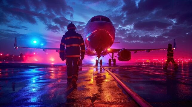 A firefighter walks towards an airplane on the runway. AI.
