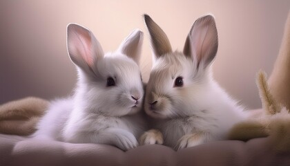 Fototapeta premium A pair of rabbits cuddled together, their fur gently blending into a softly lit, minimalisti