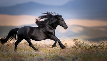 A sleek black horse galloping in slow motion across a field, with the focus on its flowing m