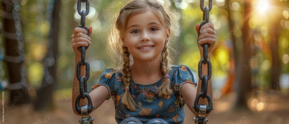 Wall mural A young girl smiles brightly as she holds onto a swing. AI.