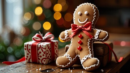Sweet handmade gingerbread man cookies for Christmas and New Year holiday. Festive background for greeting card, poster.