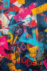 Fototapeta premium Vibrant abstract graffiti art featuring bold colors and geometric shapes on a textured wall.