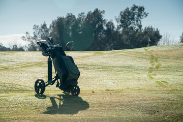 Obraz premium Different golf clubs in a solitary carrying bag.