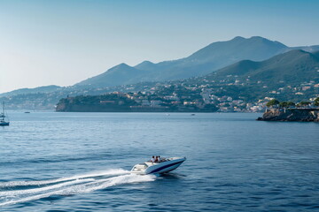 Fototapeta premium A serene boat ride with mountain views. Banner for travel and relaxation