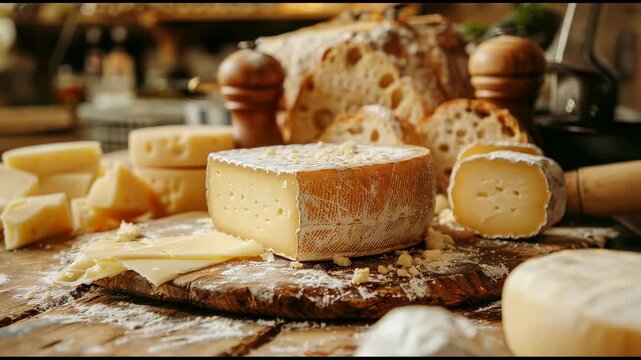 Assorted artisan cheeses on a rustic wooden board in a kitchen setting