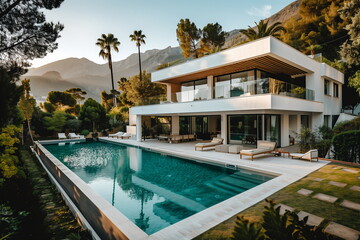 Fototapeta premium Luxury villa with swimming pool for exclusive holiday retreat or real estate banner concept with copy space