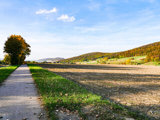 Wanderweg mit Feldern in Niedersachsen an den sieben Bergen 