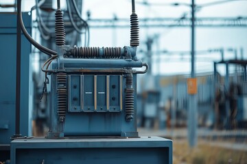 A transformer at an electrical substation. Transmission of electricity.