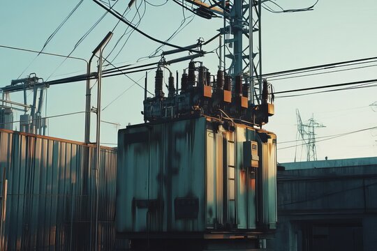 A transformer at an electrical substation. Transmission of electricity.