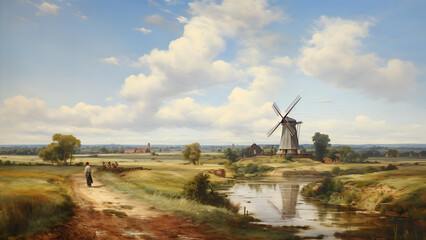 Fototapeta premium Windmill - landscape, windmill, countryside, painting, rural, farm, clouds, sky, grass, water, stream, path, trees, scenic, nature, peaceful, tranquility