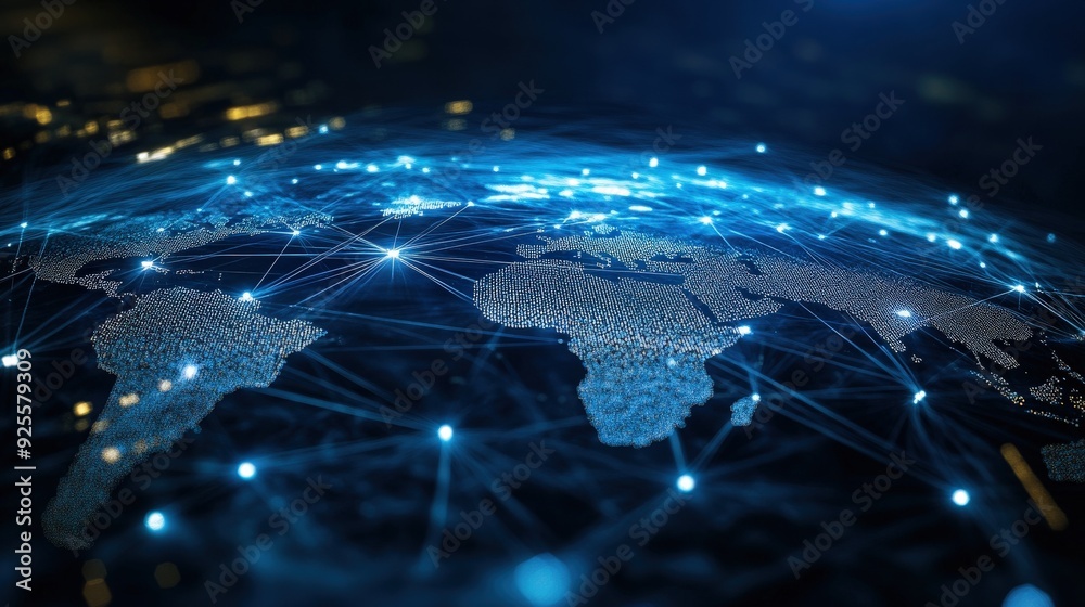 Poster a digital rendering of a global network with interconnected nodes, symbolizing the reach of technolo