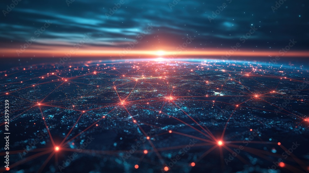 Poster a digital rendering of a global network with interconnected nodes, symbolizing the reach of technolo