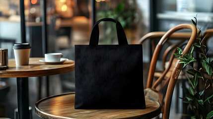 A black bag on a wooden table in a cozy café setting.