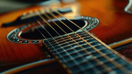 Fototapeta premium A close-up of an acoustic guitar's soundhole and strings, emphasizing the craftsmanship and detail.