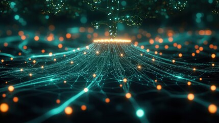 Obraz premium A digital rendering of a network services architecture, with glowing layers and nodes representing data distribution.