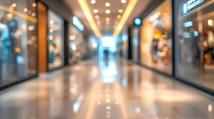 A blurred view of a shopping mall corridor with illuminated storefronts.