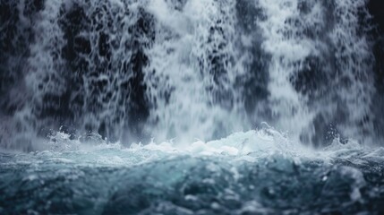 A close-up of the base of a waterfall, with water crashing into the pool below, creating a powerful visual impact.
