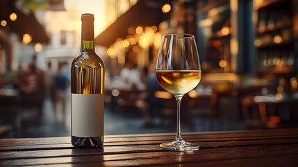 A bottle of white wine and a glass on a wooden table outdoors.