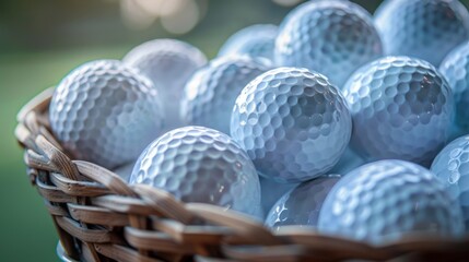 A collection of golf balls in a basket, showcasing their clean and pristine appearance.