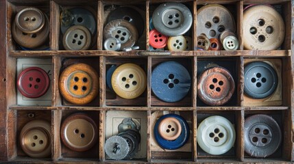 Fototapeta premium A collection of vintage buttons displayed in an old sewing box, evoking nostalgia and craftsmanship.
