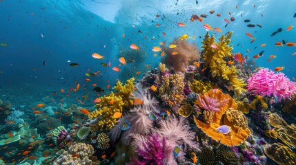 A colorful coral reef ecosystem with a mix of hard and soft corals, showcasing the diversity of reef structures.