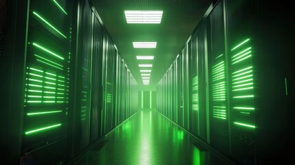 A futuristic data center with green-lit servers, representing the use of renewable energy in cloud infrastructure.