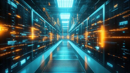 A futuristic data center with glowing servers and digital interfaces, representing the backbone of modern technology.
