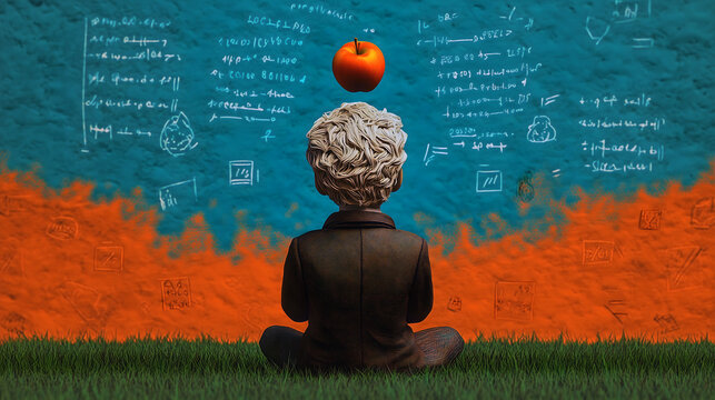 Stylized vibrant illustration of Isaac Newton observing a falling apple, with scientific formulas in the background