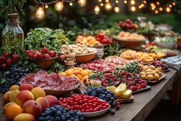 Obraz premium vibrant garden party scene gourmet buffet spread on rustic tables fresh fruits and grilled delicacies string lights and lanterns overhead