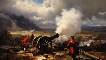 Cannon - battle, soldiers, cannon, smoke, war, conflict, history, uniforms, battlefield, artillery, military, 19th century, historic, painting, landscape