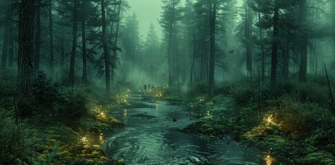 Obraz premium Enchanted Forest Path with Glowing Lights